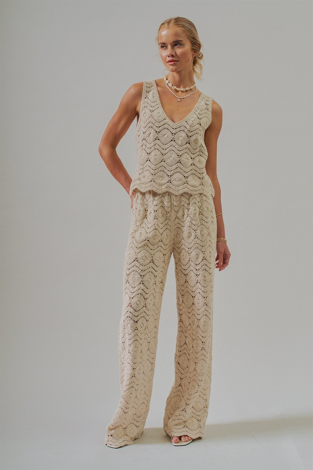 Natural Crochet Wide-Leg Pants