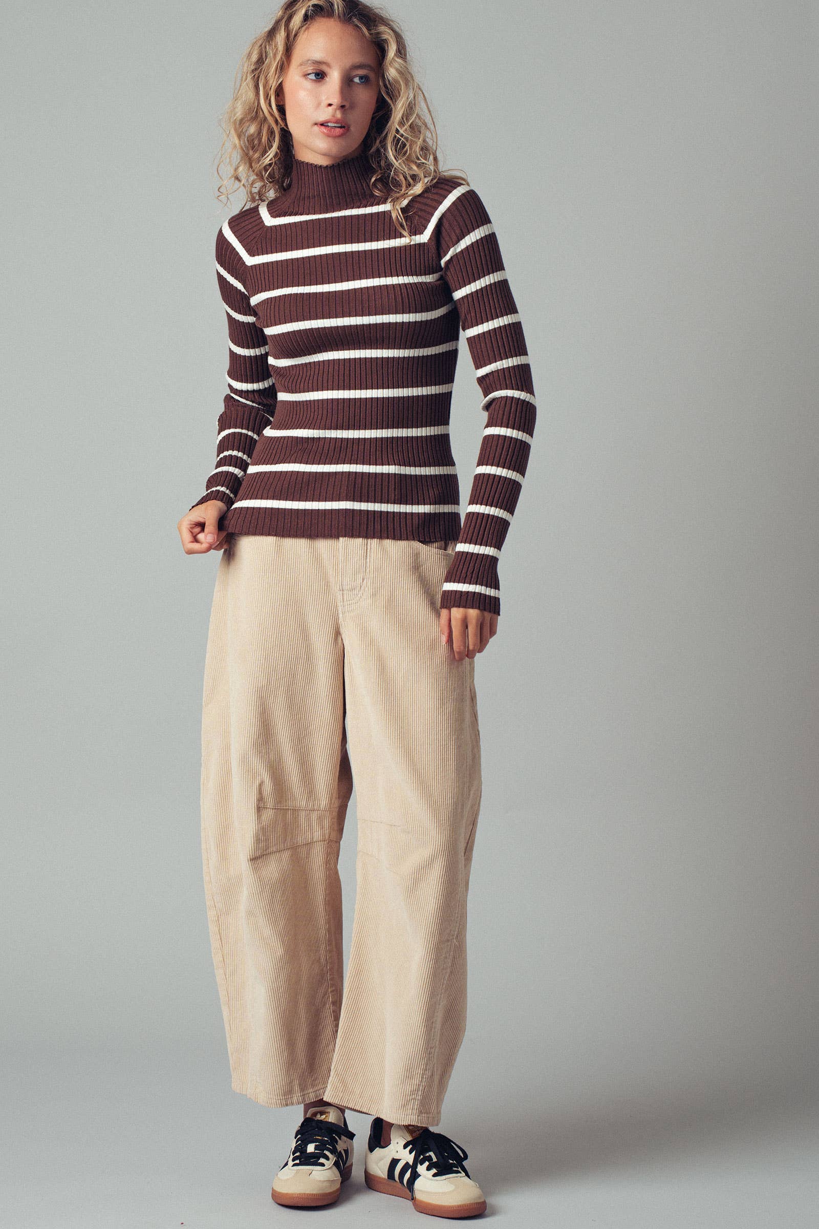 Striped Mock Neck Ribbed Sweater