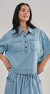 Washed Utility Half-Placket Cropped Shirt in CHAMBRAY - Women's Shirts & Blouses | Urban Daizy
