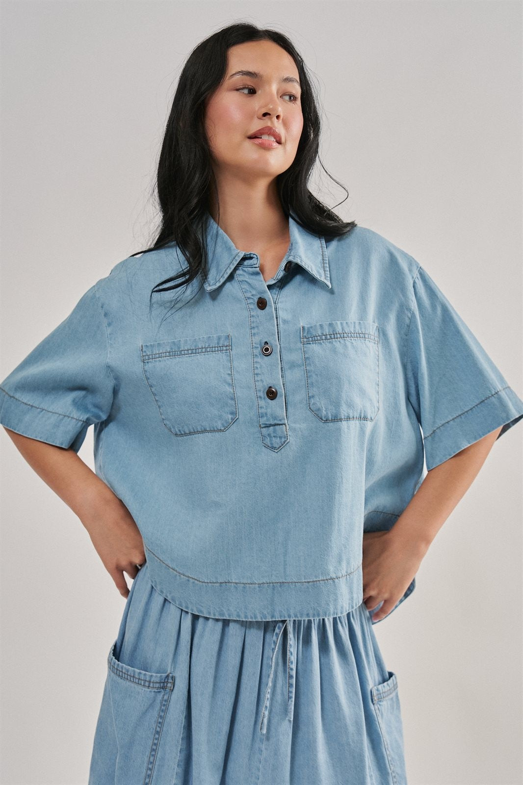 Washed Utility Half-Placket Cropped Shirt in CHAMBRAY - Women's Shirts & Blouses | Urban Daizy