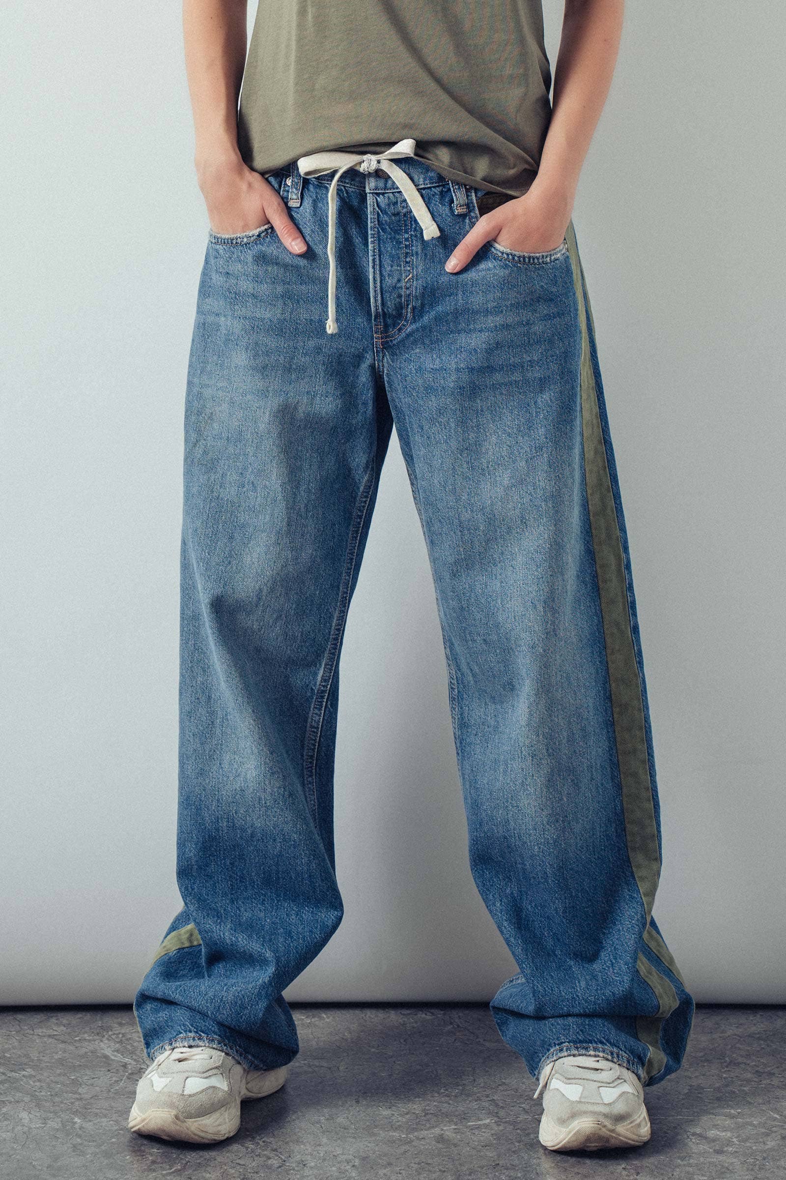 Wide-Leg Utility Stripe Denim Jeans