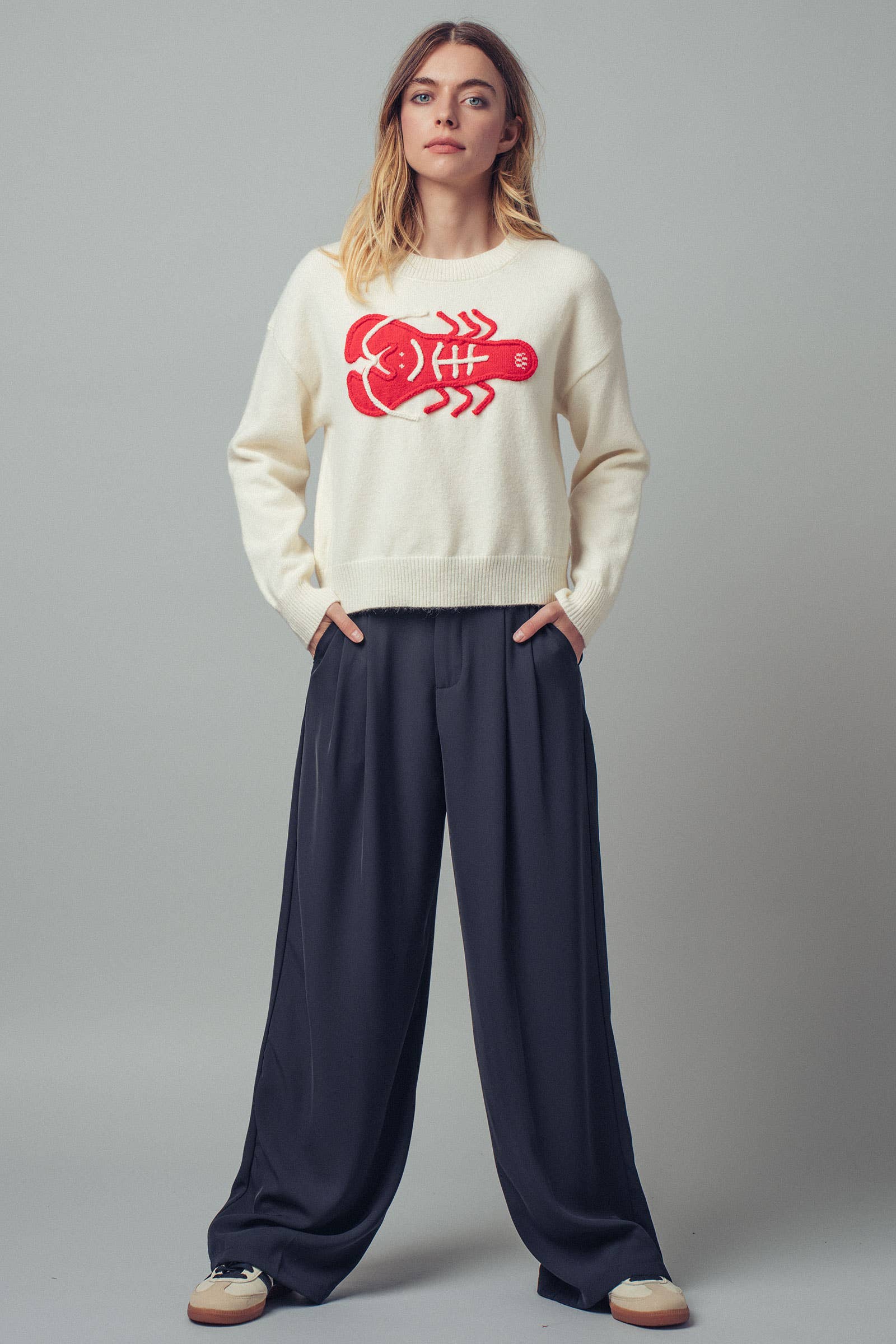 Urban Daizy Embroidered Red Lobster Nautical Statement Sweater Ivory Knit Sweater - Women's (UDZ-KN-00600) – alternate…