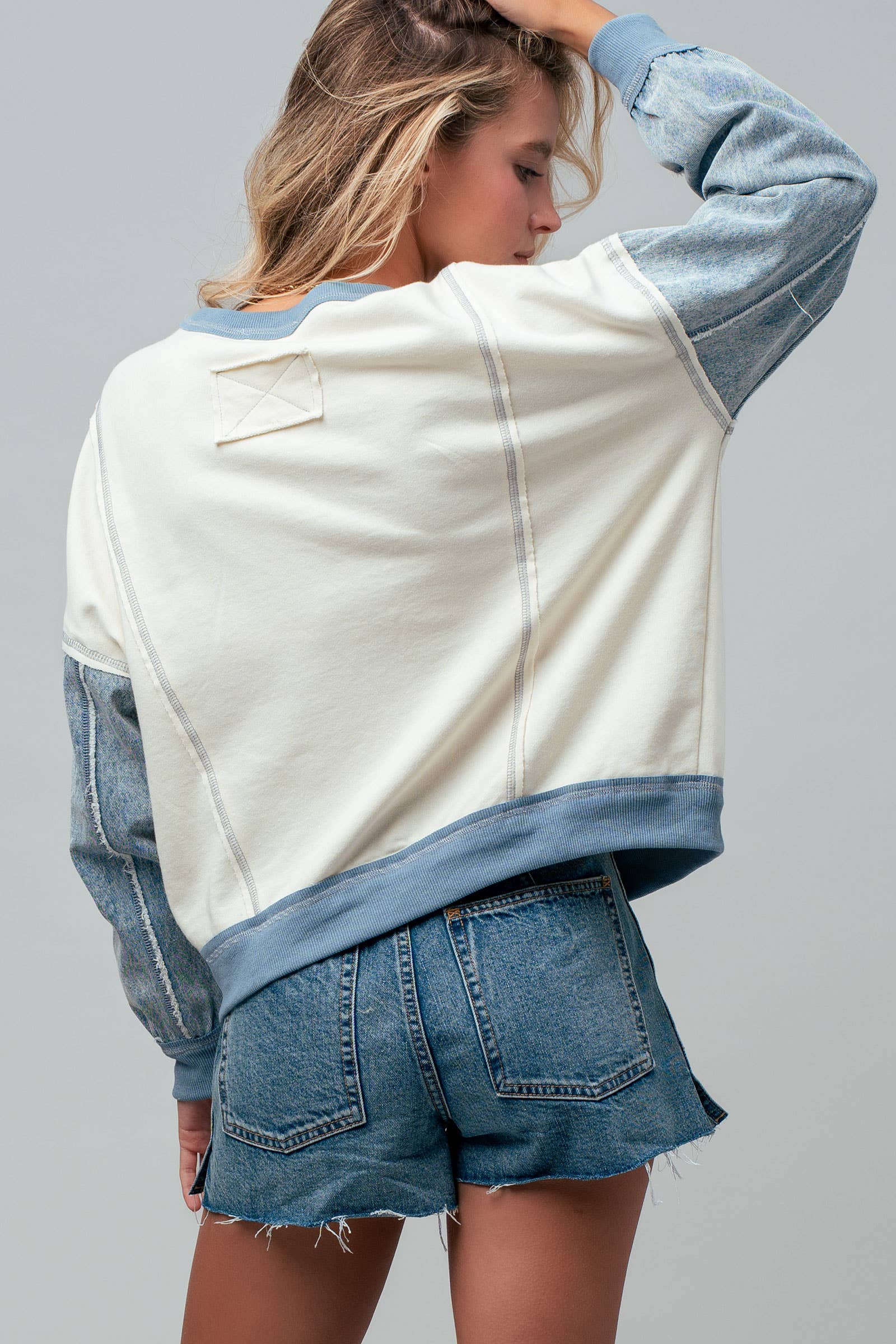 Contrast Denim Sleeve Mixed Media Pullover
