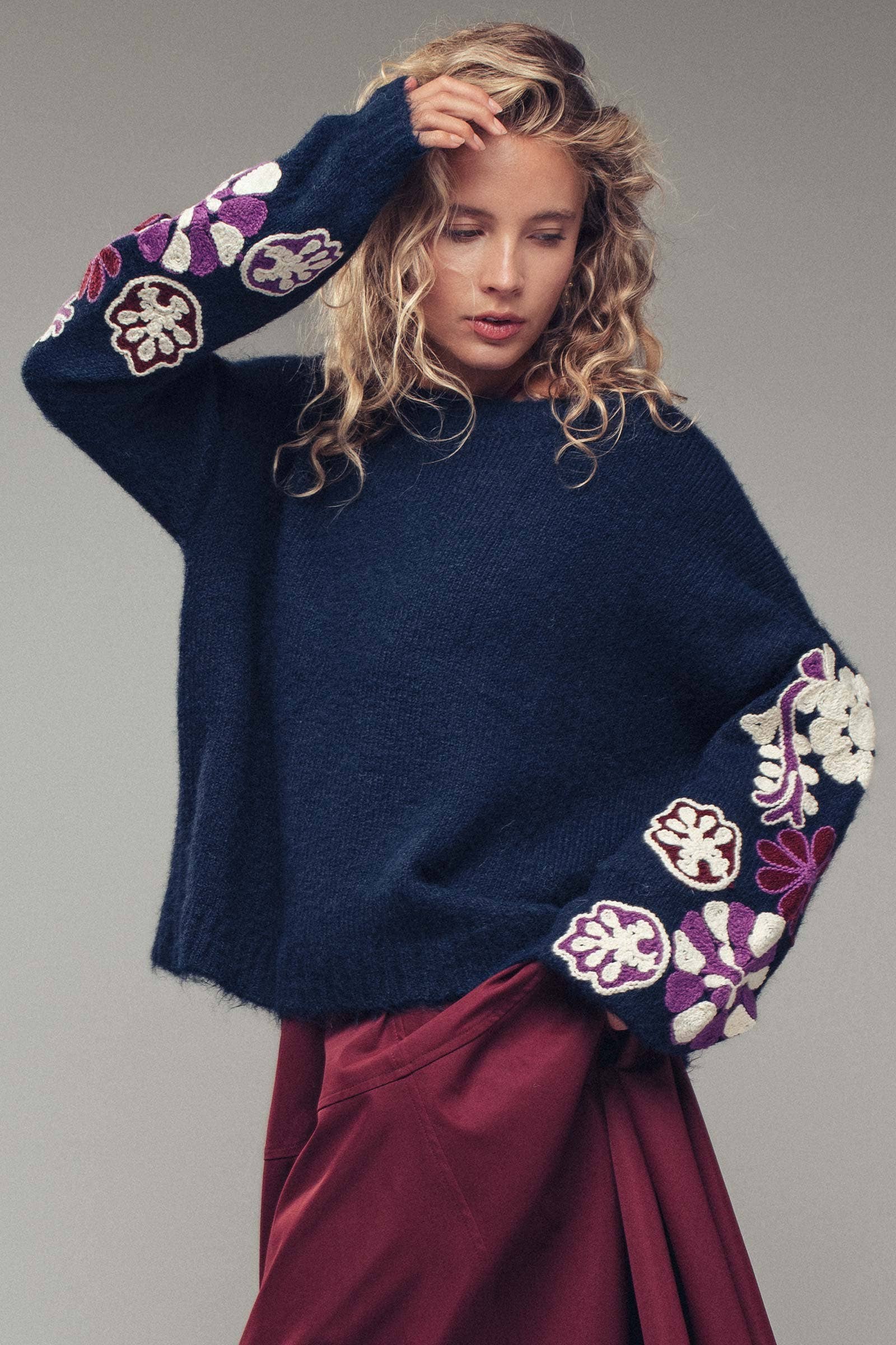 Floral Embroidered Sleeve Knit Sweater