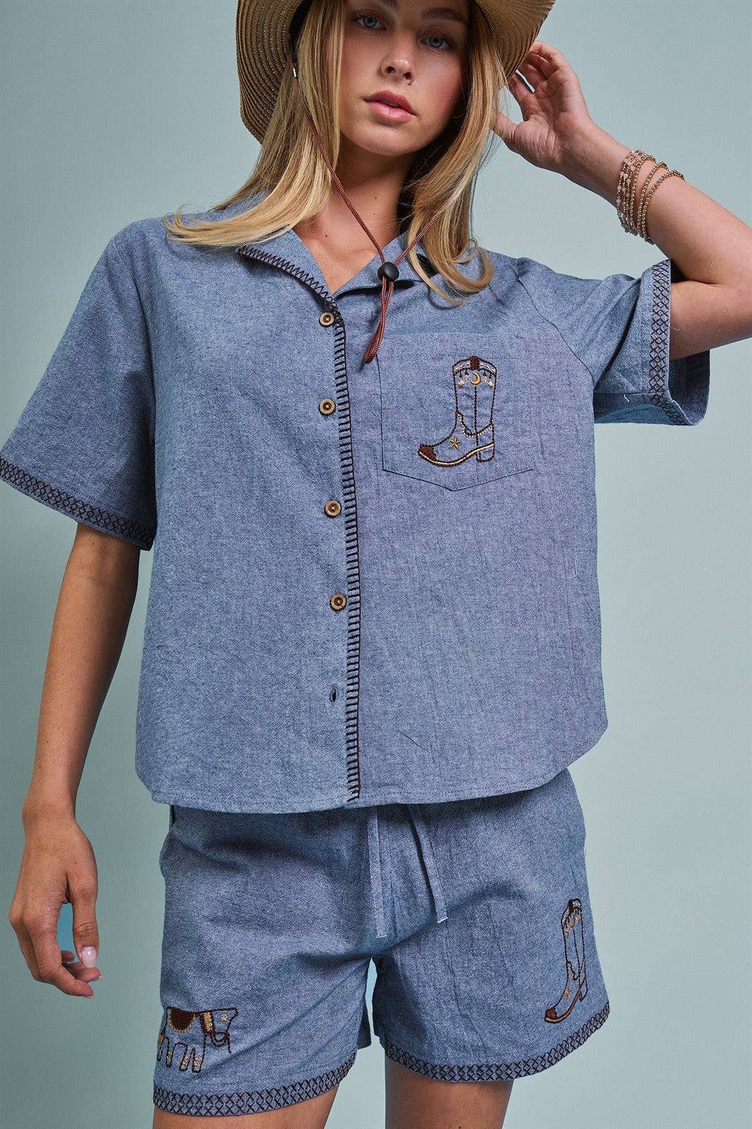 Urban Daizy Western Boot Embroidered Pocket Shirt Blue Button Down Shirt - Women's (UDZ-TP-01086-Blue)