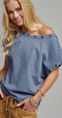 Grommet Trim Washed Cotton Boat Neck Top in VINTAGE NAVY - Women's T-Shirts & Polos | Urban Daizy