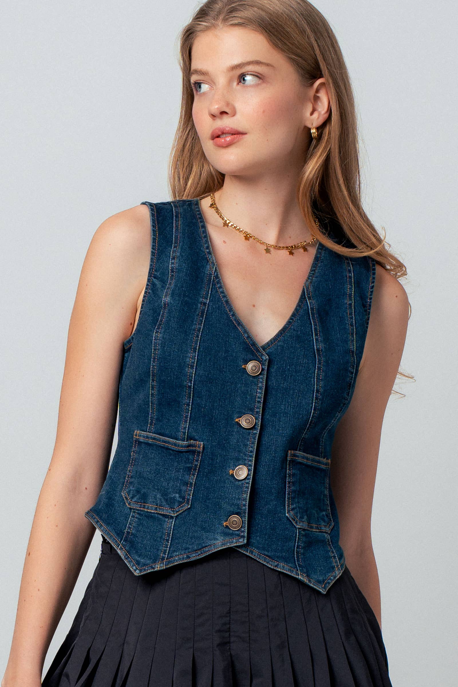 Fitted V-Neck Button-Front Denim Vest