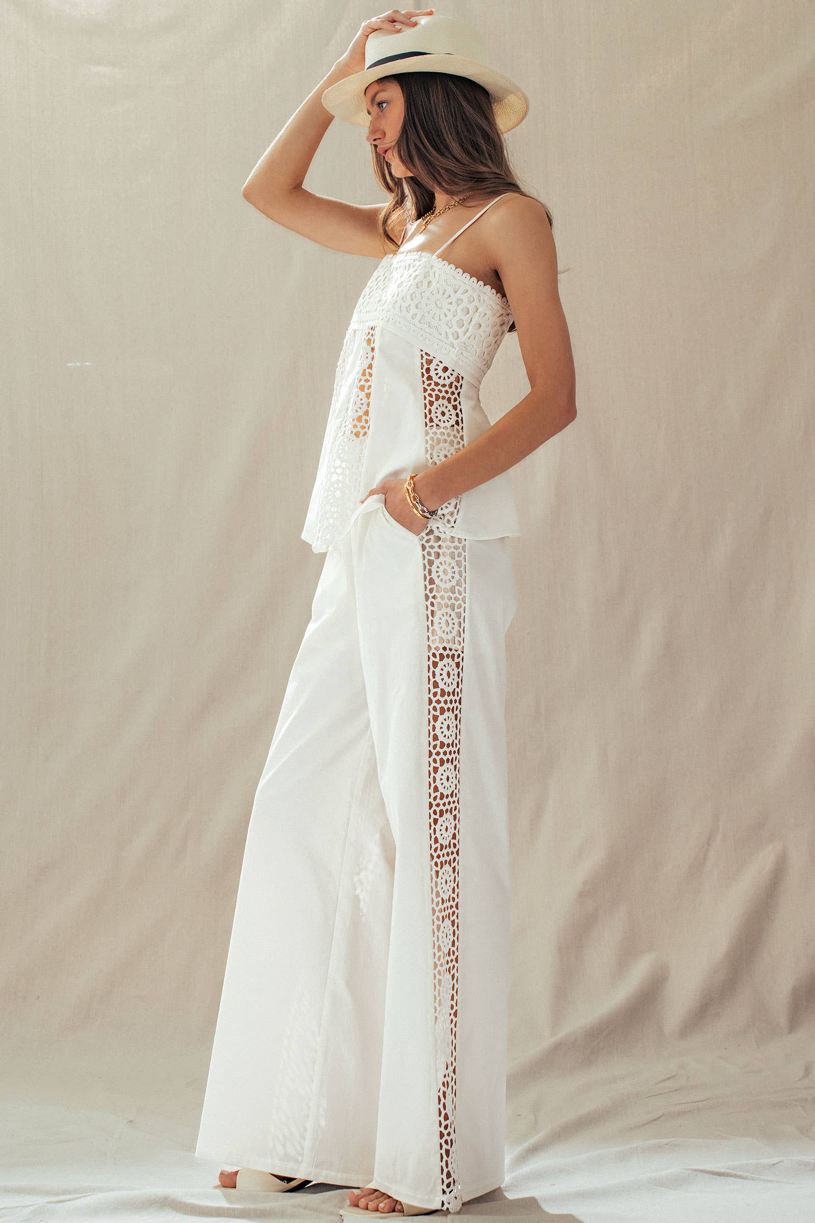 Cotton Eyelet Two-Piece Set Peplum Cami & Pants