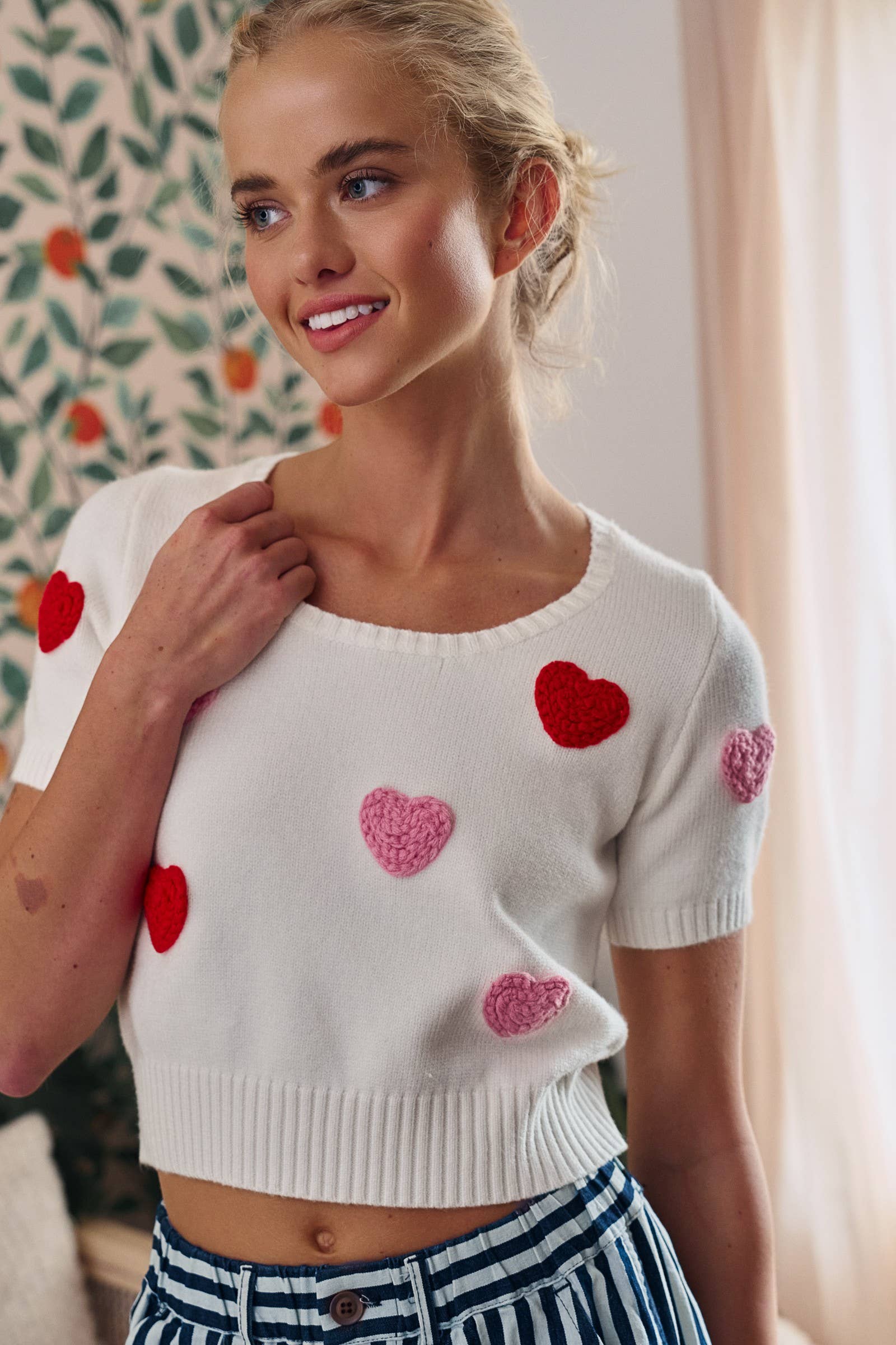 Crochet Heart Applique Knit Sweater Top