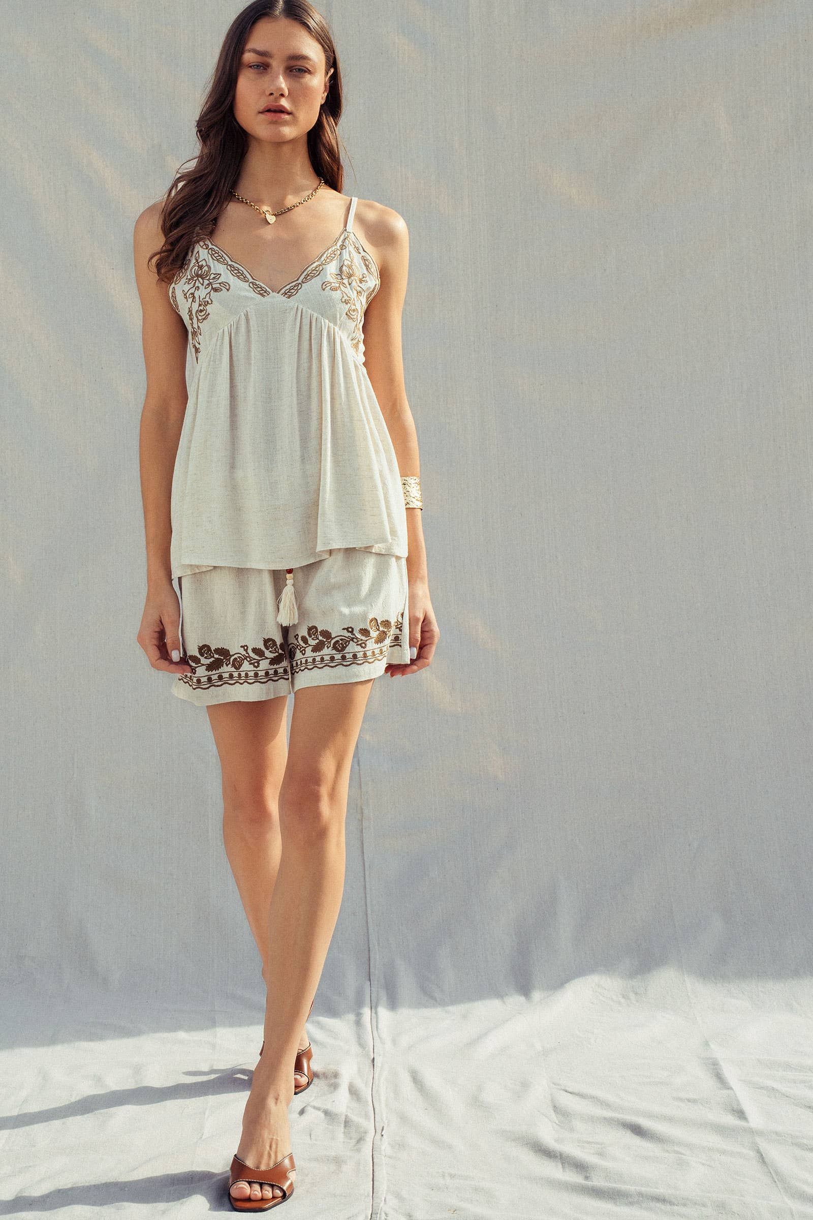 Floral Embroidered Wide Leg Linen Blend Shorts