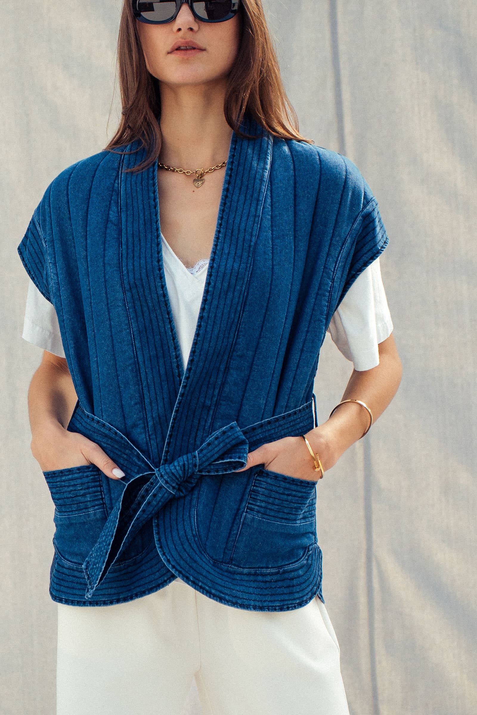 Washed Belted Denim Vest