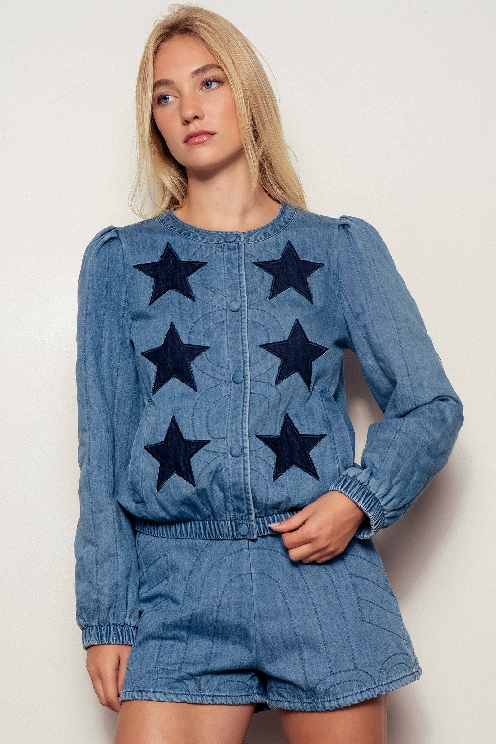 Western Quilted Elastic Waist Denim Shorts