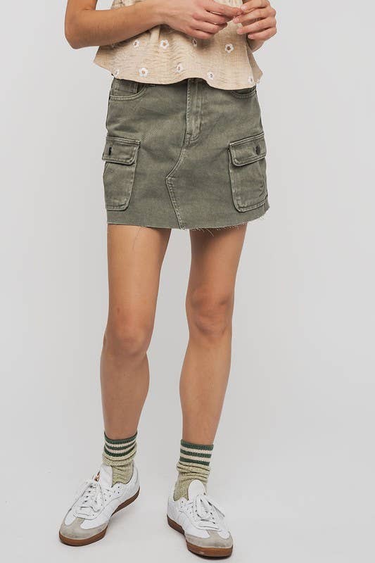 High Rise Raw Hem Utility Pocket Mini Cargo Skirt