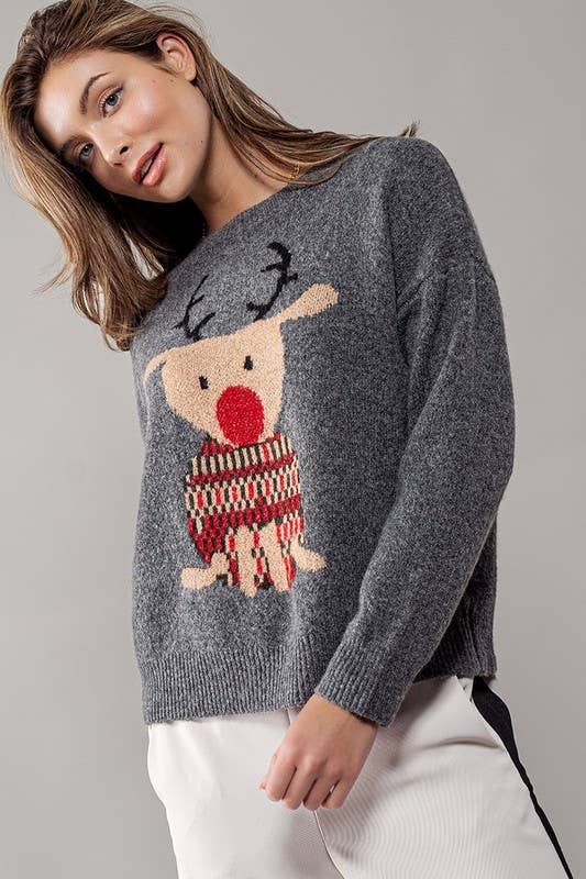 Urban Daizy Rudolph Reindeer Knit Crewneck Sweater Grey Knit Sweater - Women's (UDZ-KN-00538) – alternate view 14