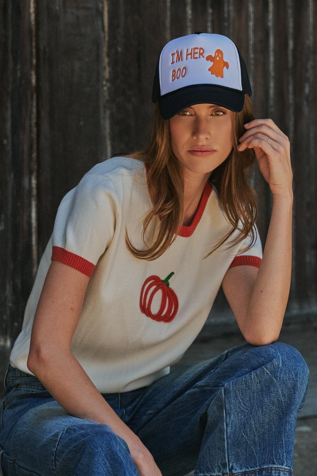Pumpkin Embroidered Crew Neck Knit Tee in IVORY - Women's Sweaters | Urban Daizy