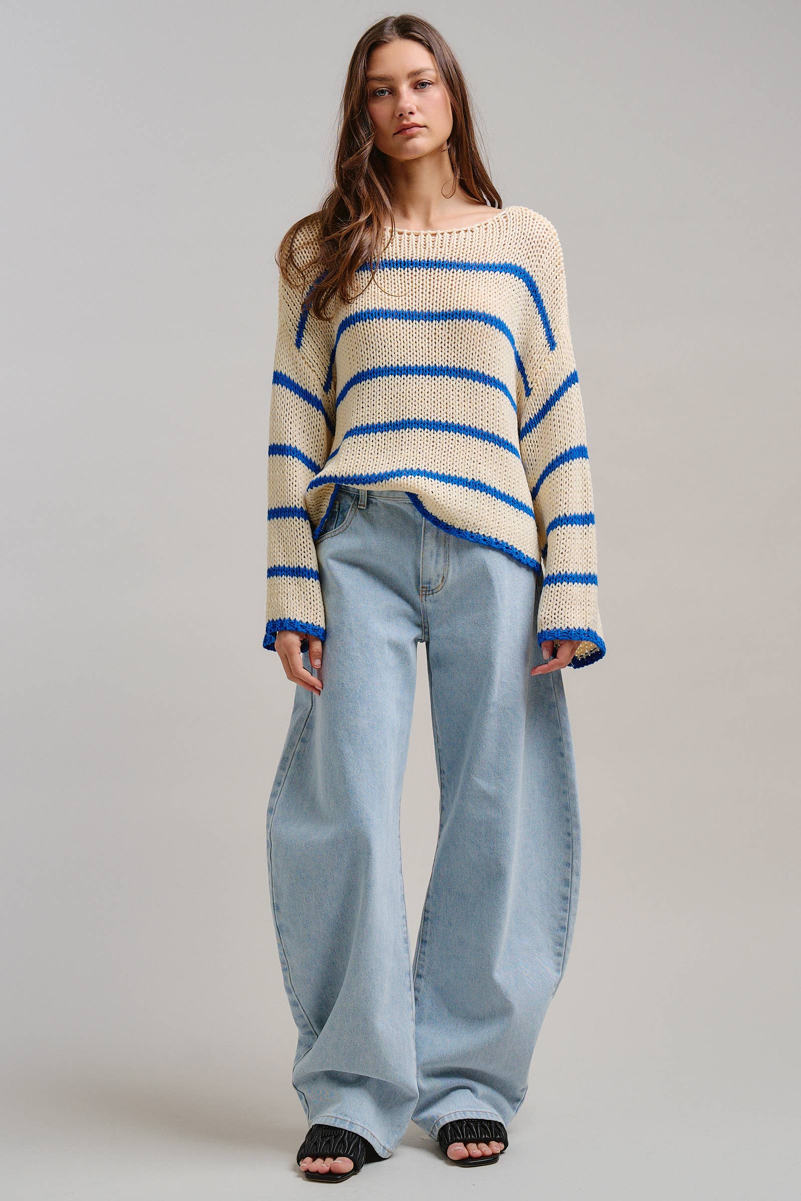 Nautical Striped Open Knit Slouchy Sweater