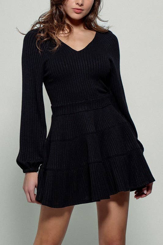 Cashmere Ribbed V-Neck Tiered Mini Dress