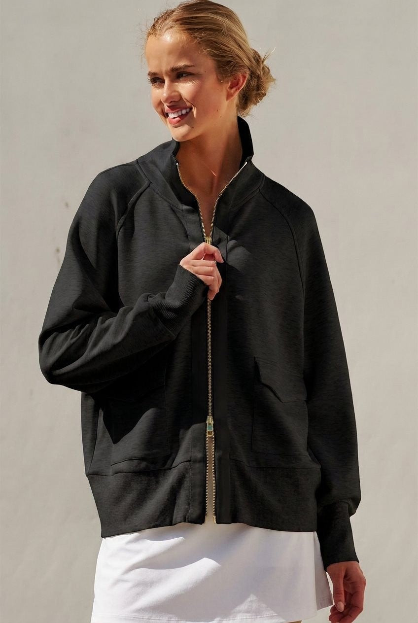 Scuba Zip Up Track Bomber Jacket Pilates Athflow for Women in BLACK - Women's Jackets & Blazers | Urban Daizy