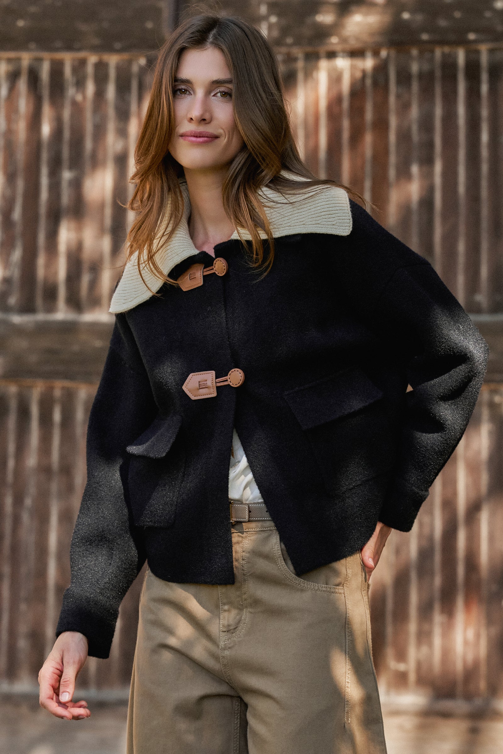 Toggle Front Knit Jacket With Contrast Collar