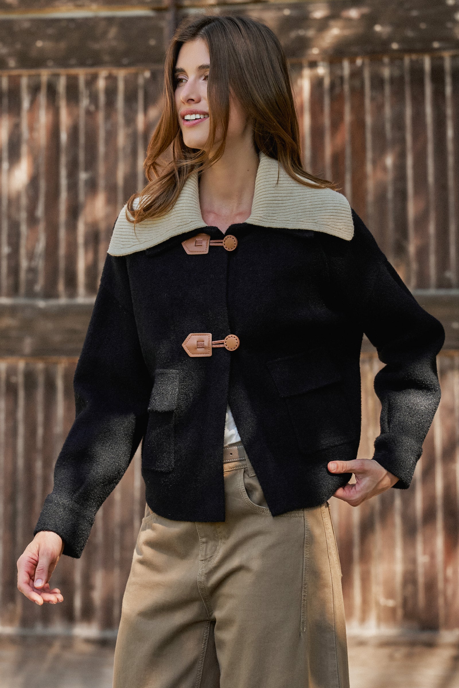 Toggle Front Knit Jacket With Contrast Collar