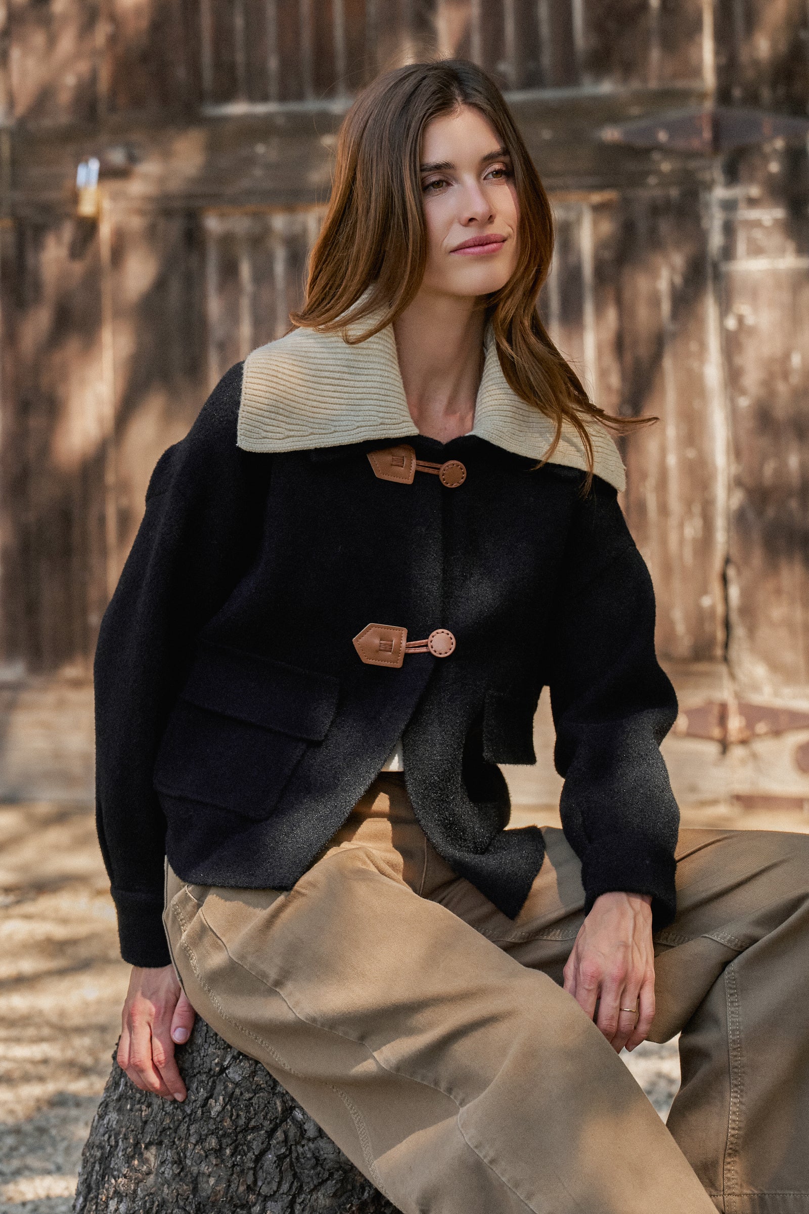 Toggle Front Knit Jacket With Contrast Collar