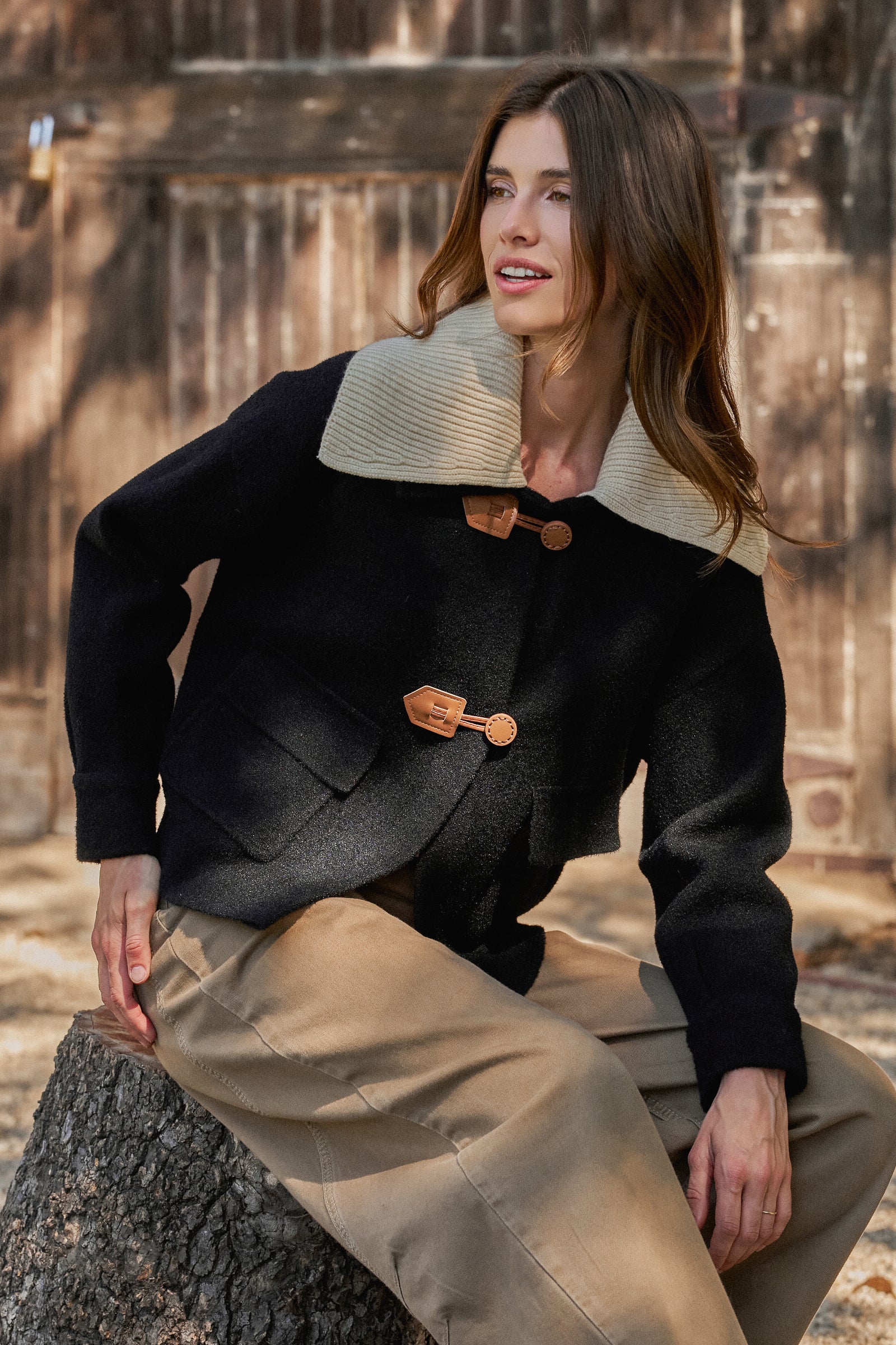 Toggle Front Knit Jacket With Contrast Collar