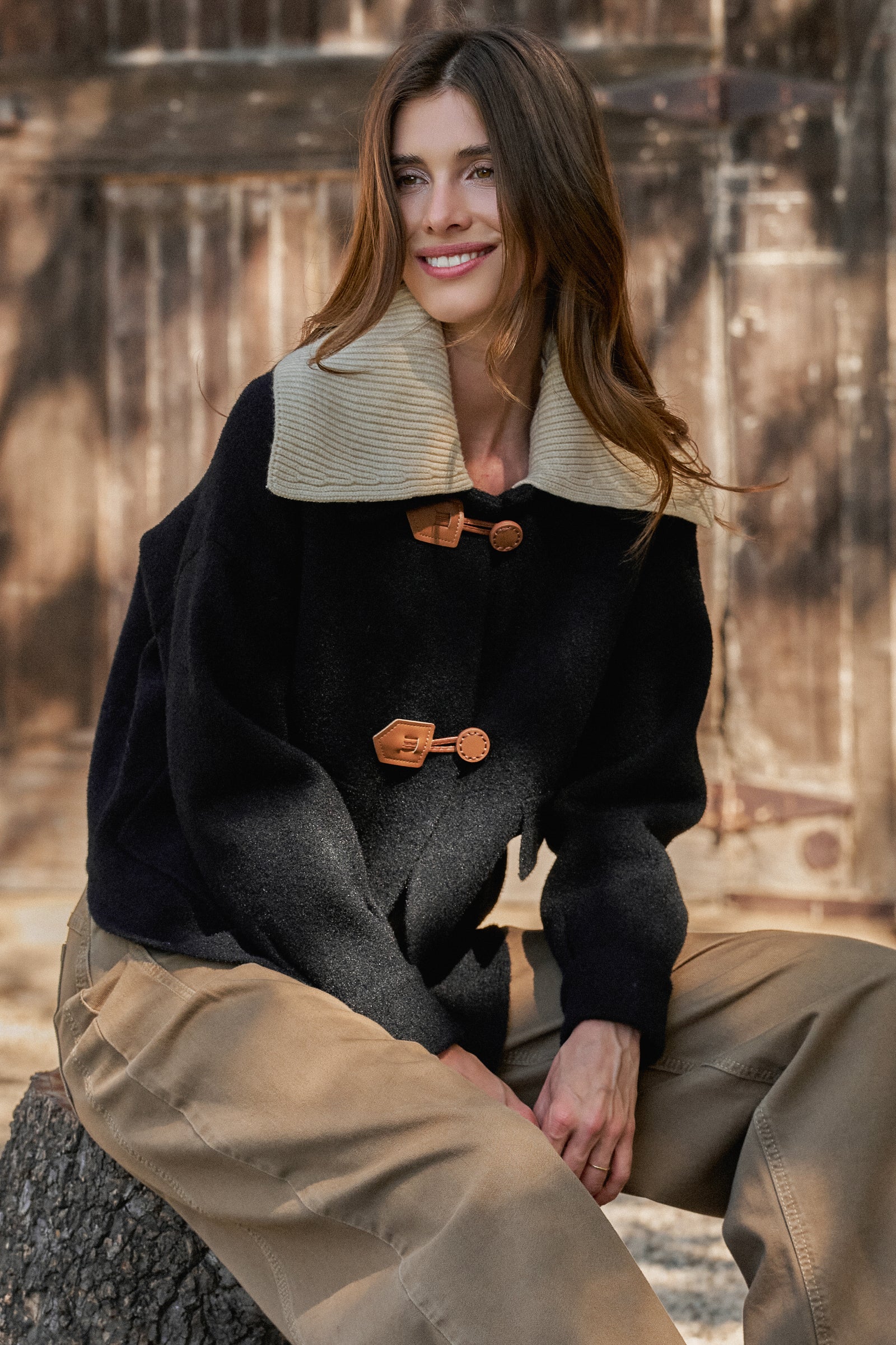 Toggle Front Knit Jacket With Contrast Collar