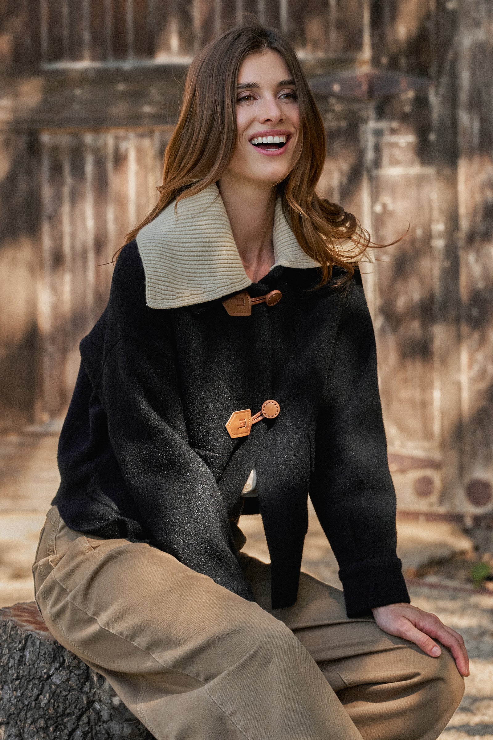 Toggle Front Knit Jacket With Contrast Collar
