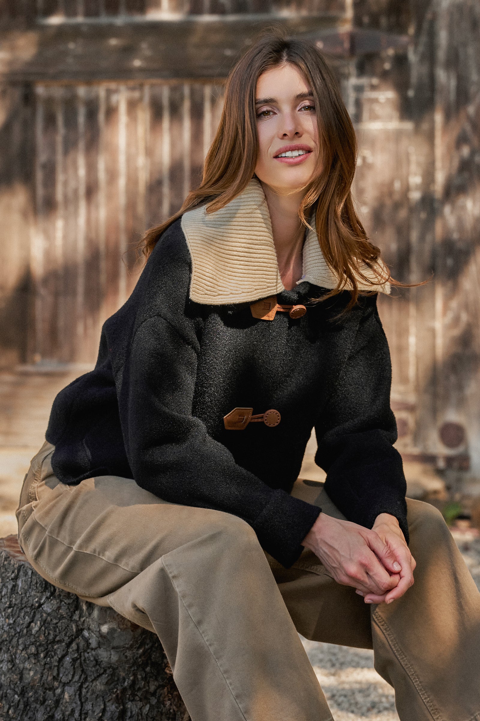 Toggle Front Knit Jacket With Contrast Collar