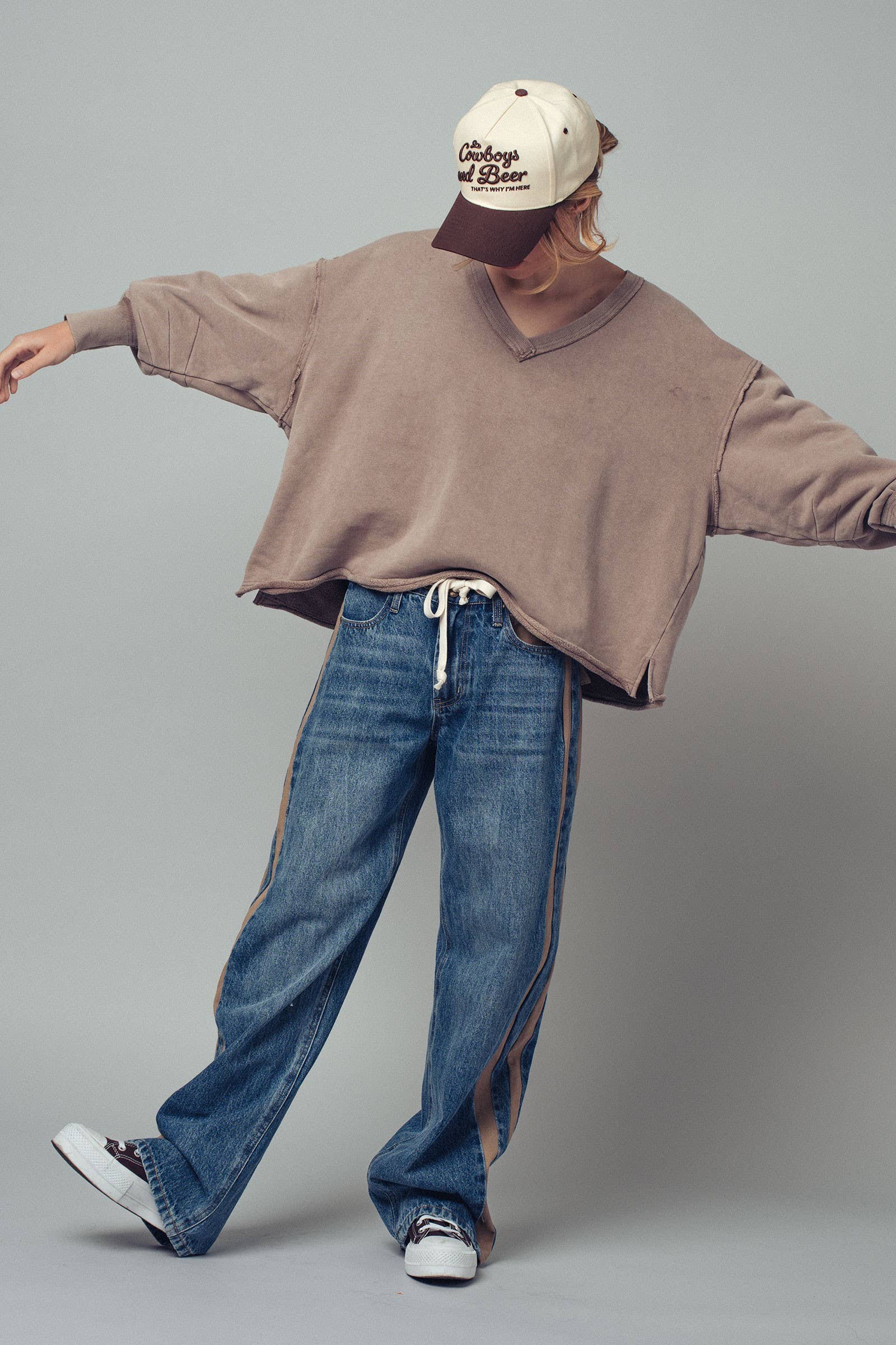 Raw Edge V-Neck Oversized Sweatshirt