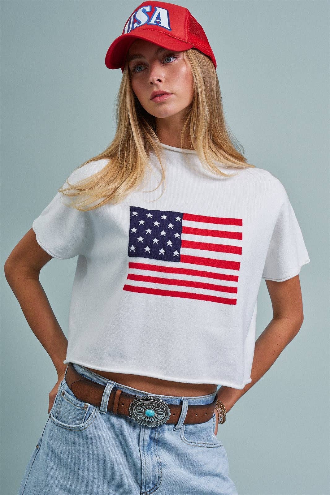 Urban Daizy American Flag Graphic Raw Edge Crop Tee White T-Shirt (Graphic) - Women's (UDZ-TP-01083-White) – alternate view 5
