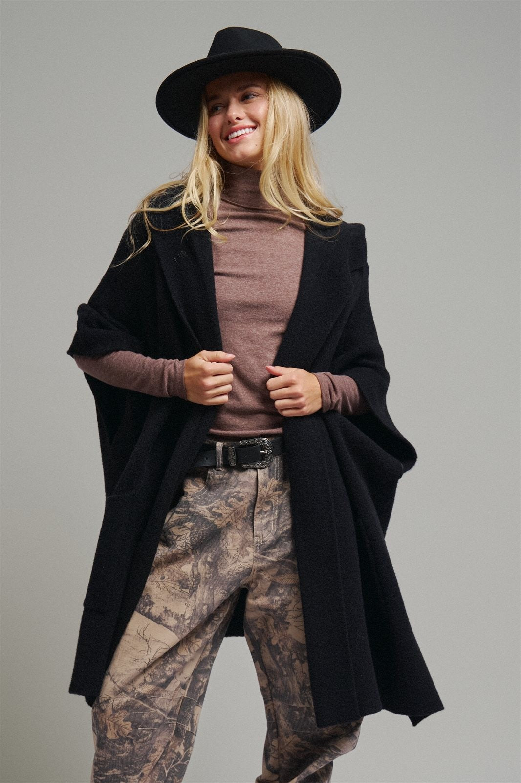 Oversized Wide Collar Open Front Poncho Cardigan in BLACK - Women's Cardigans & Shrugs | Urban Daizy
