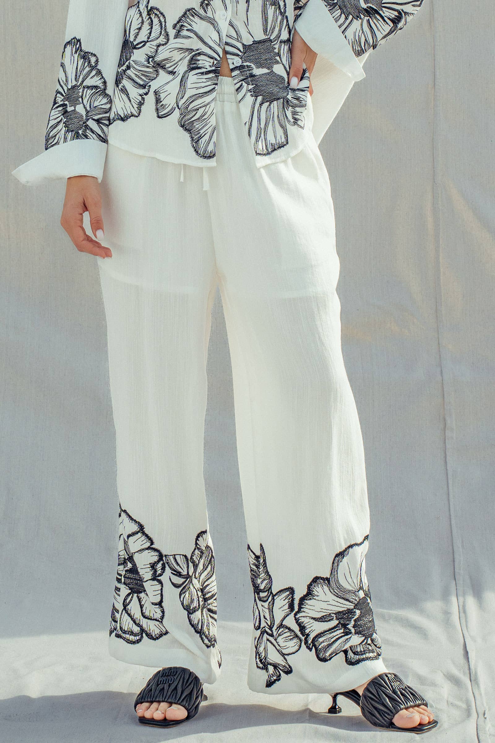 Floral Embroidered Wide Leg Drawstring Pants