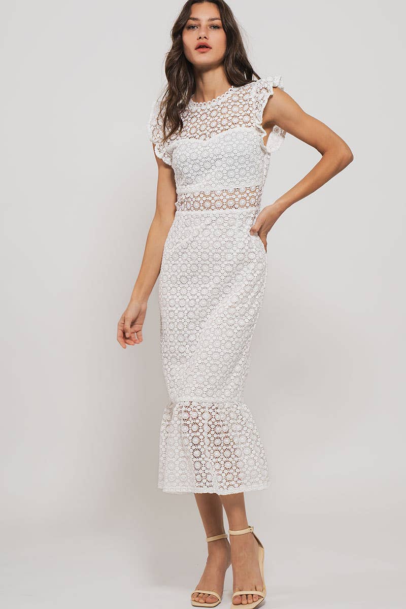Urban Daizy White Lace Scalloped Ruffle-Sleeve Midi Dress White Dress - Women's (UDZ-DR-00345) – alternate view 4