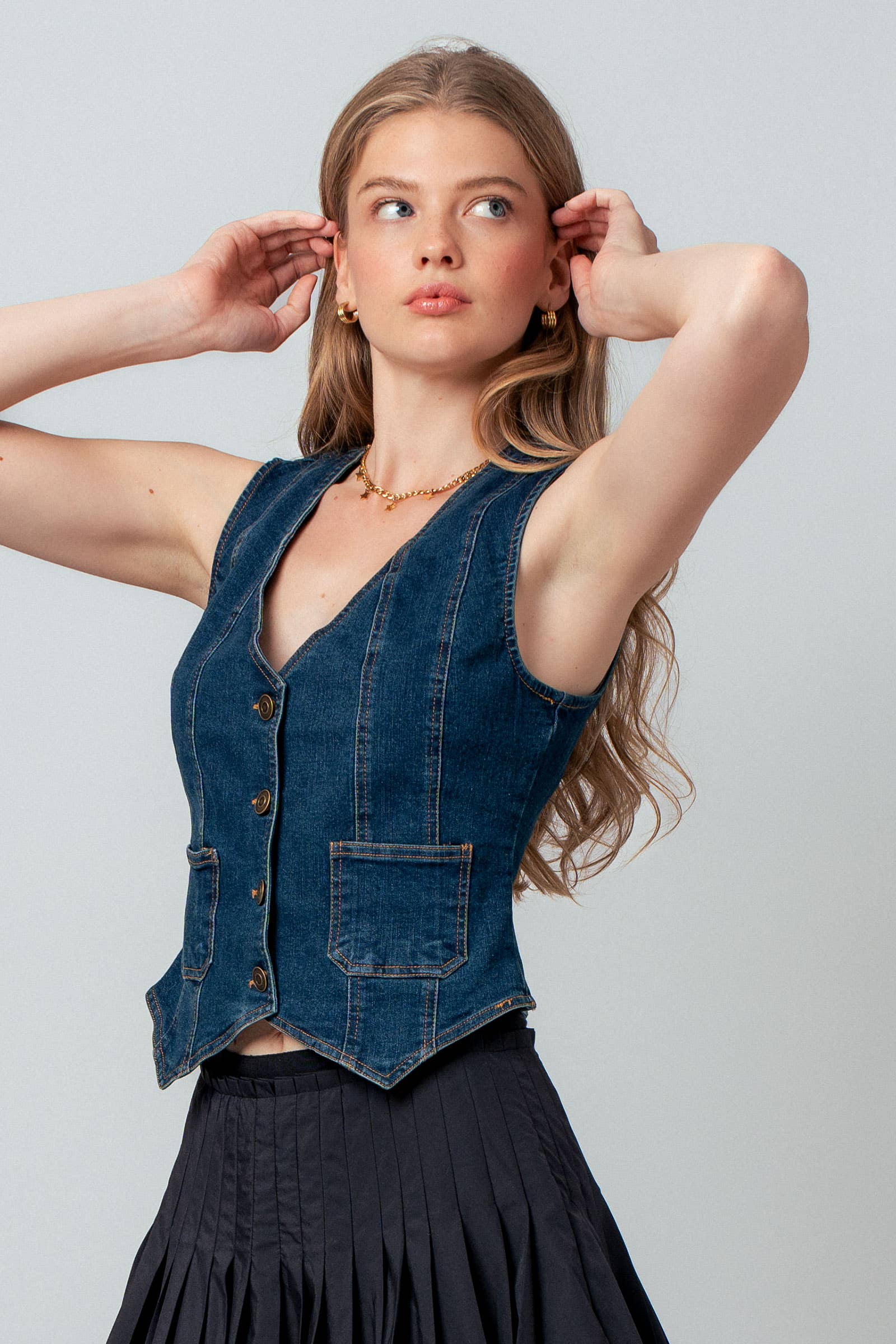 Fitted V-Neck Button-Front Denim Vest