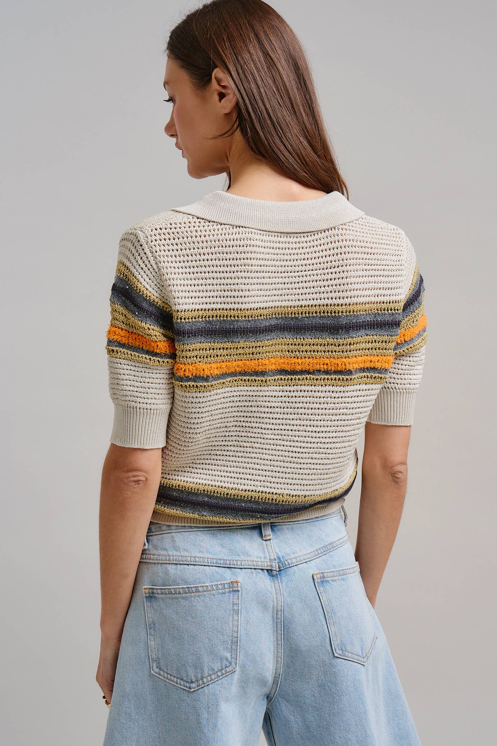 Retro Striped Open Knit V-Neck Polo
