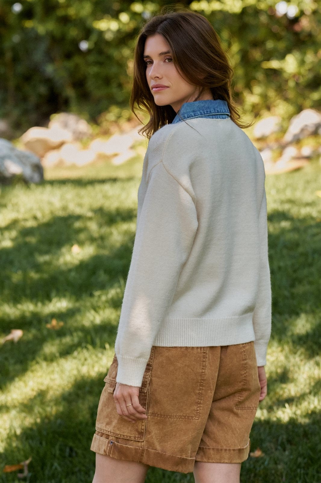 Denim Collar Polo Sweater with Gold Buttons in IVORY - Women's Sweaters | Urban Daizy