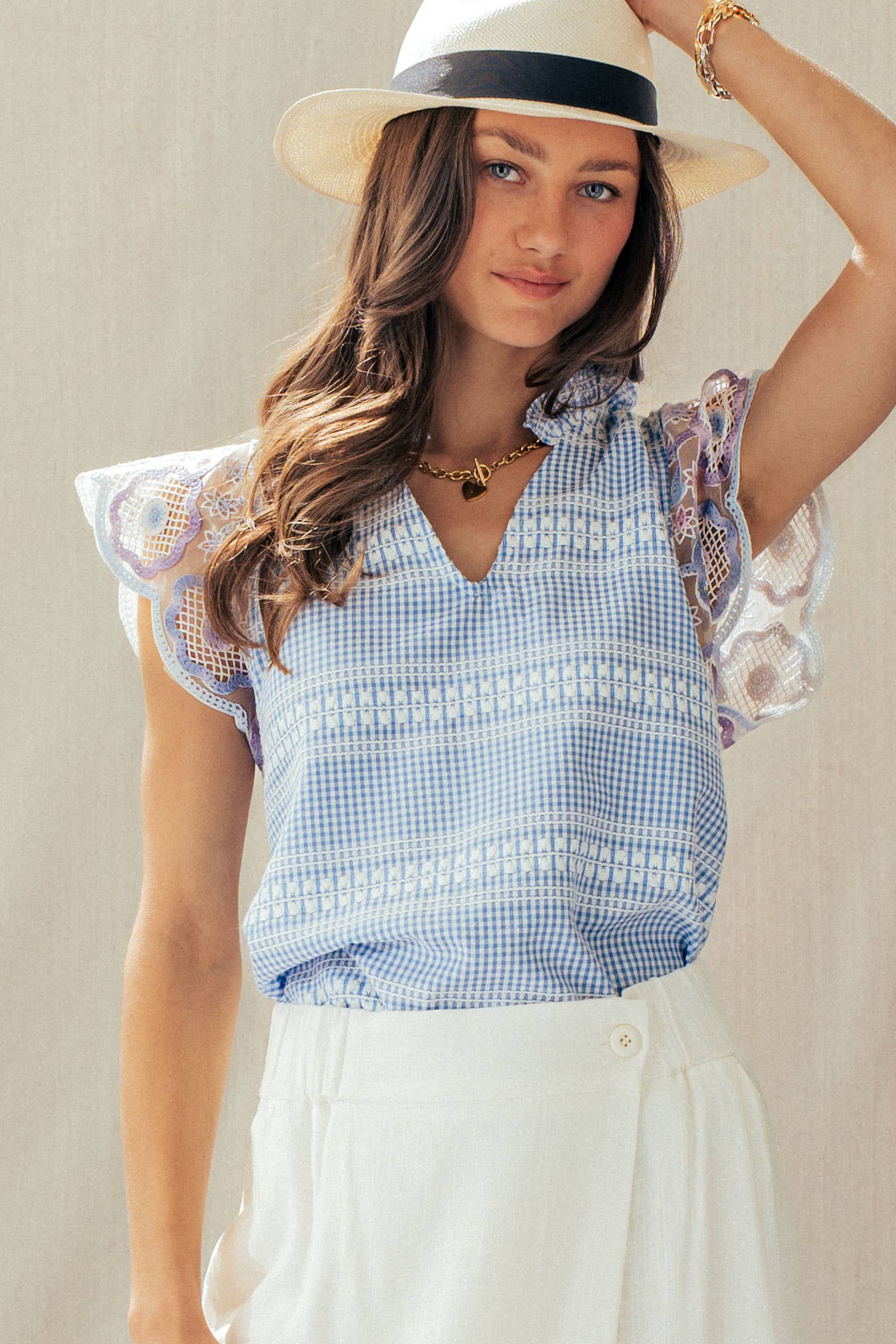 Gingham Lace Flutter Sleeve Cotton Top
