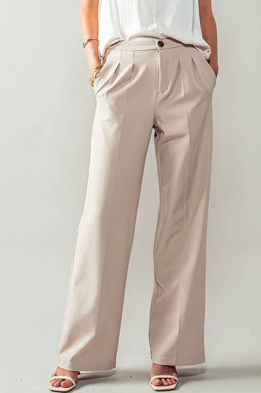 Urban Daizy Contemporary High Waist Pleated Wide Leg Trousers Beige Pants - Women's (UDZ-PT-00272)