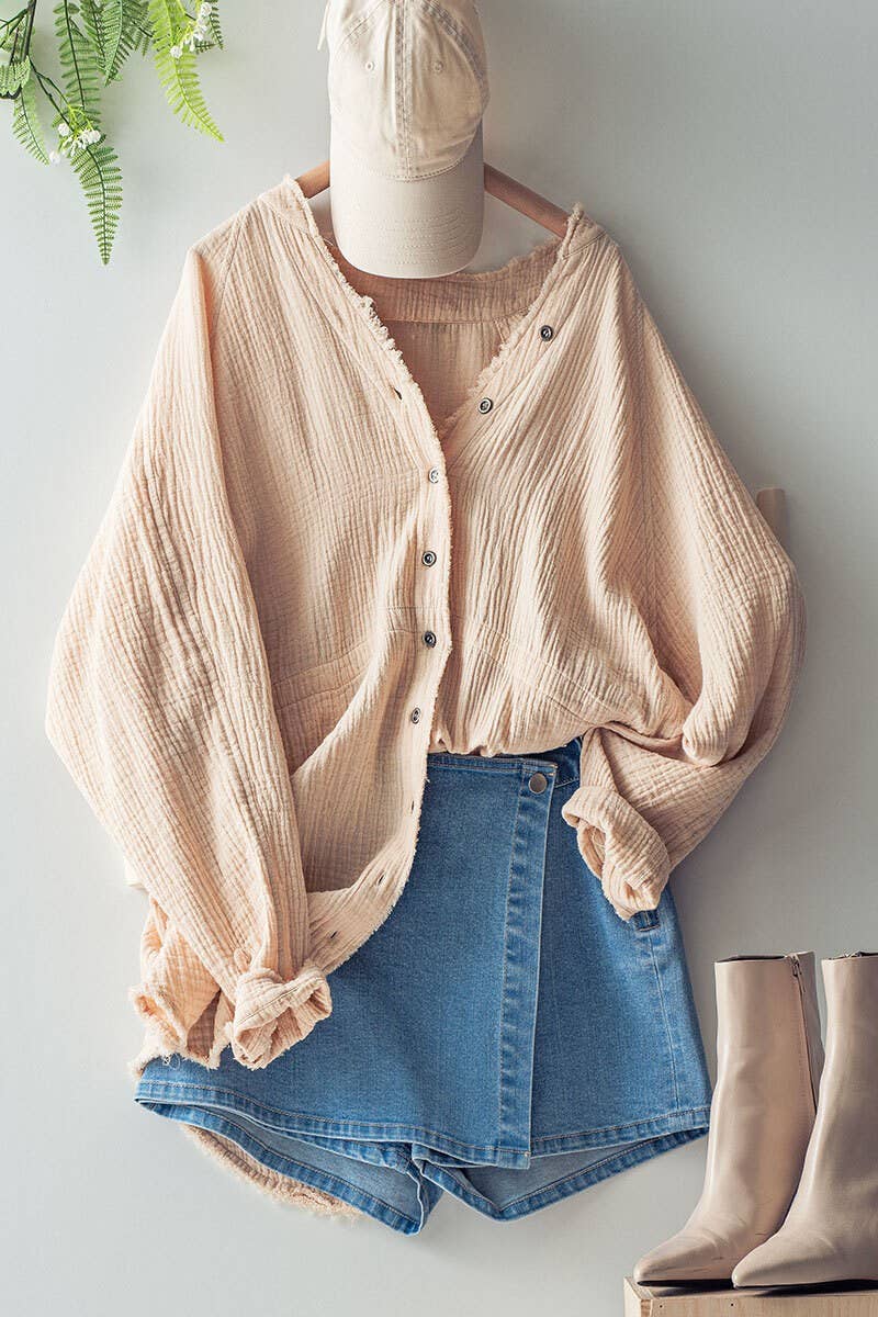 Raw Hem Crinkle Cotton Button-Down Shirt