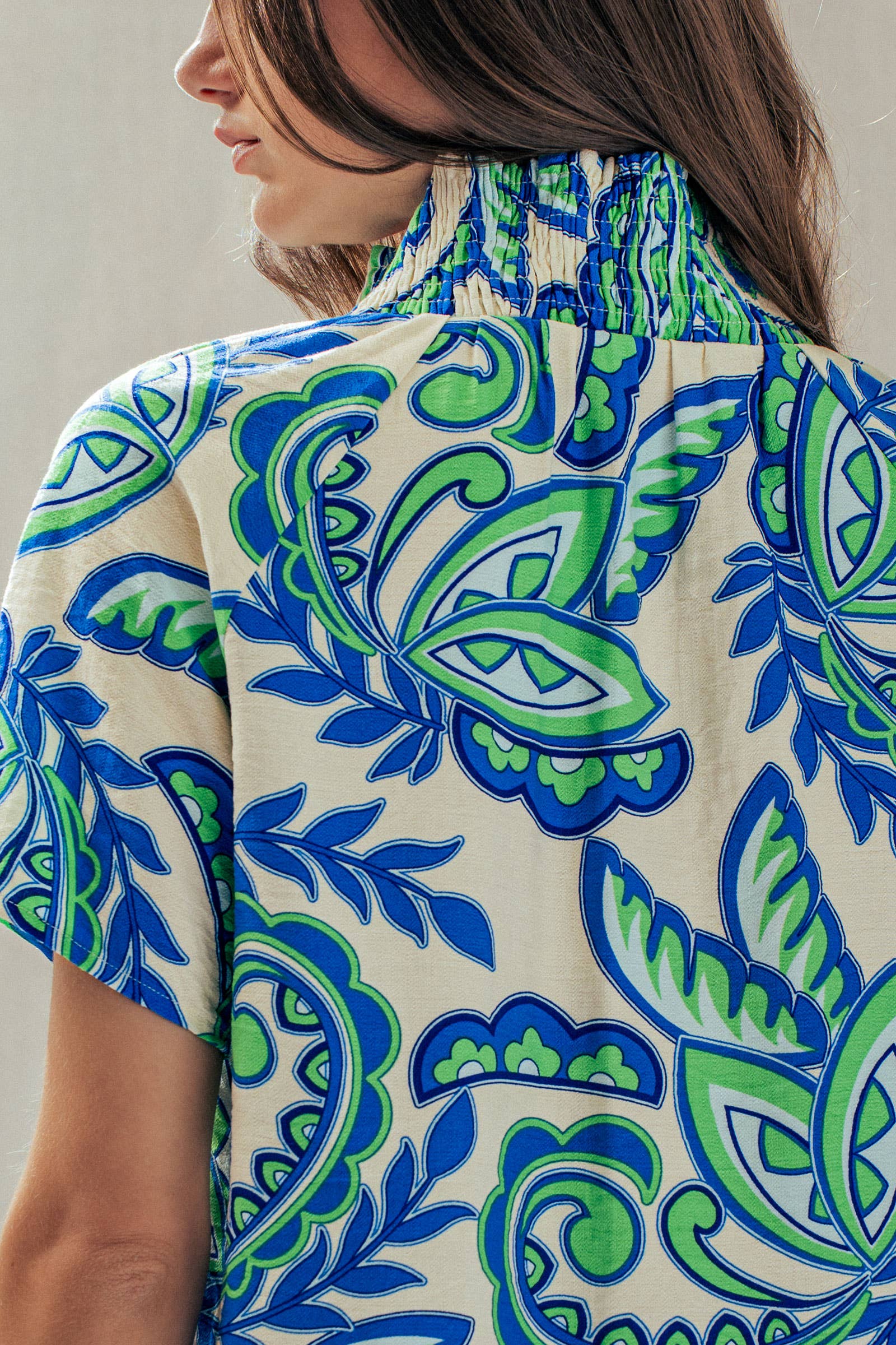 Paisley Smocked High-Neck V-Neck Blouse
