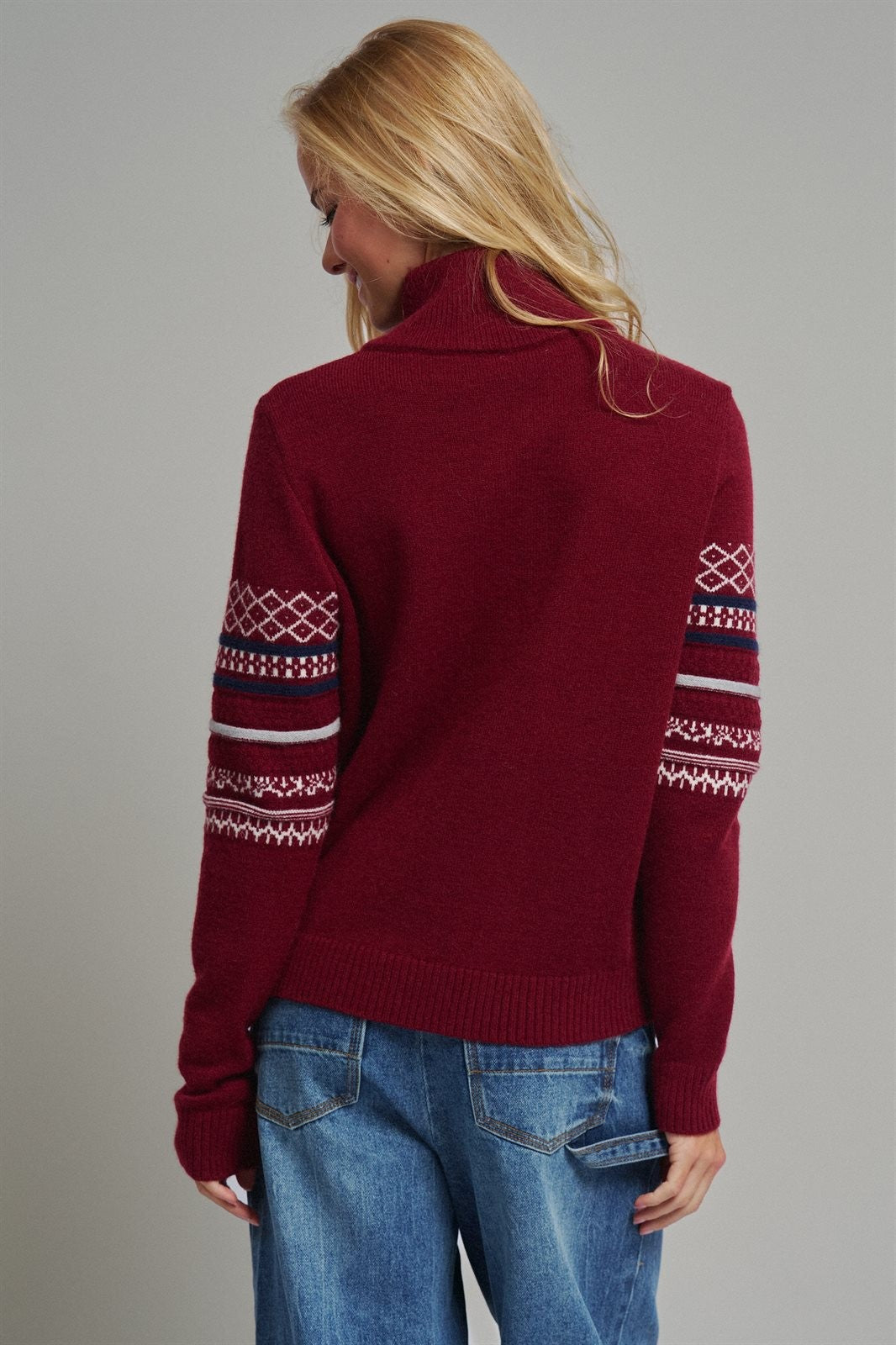 Fair Isle Quarter Zip Sweater Wool Blend with Leather Pull T in BURGUNDY - Women's Cardigans & Shrugs | Urban Daizy