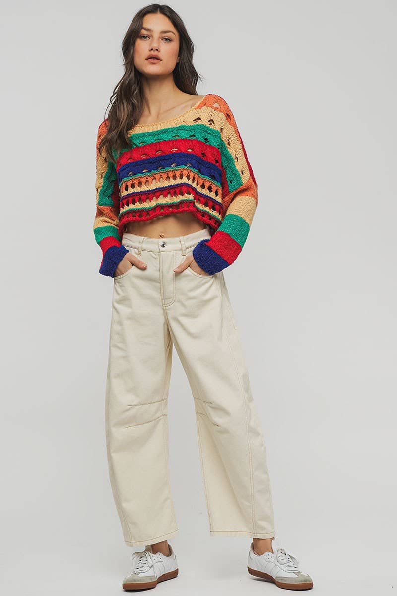 Urban Daizy Colorblock Crochet Knit Cropped Tie Back Sweater Muliti Knit Sweater - Women's (UDZ-KN-00357) – alternate view 4