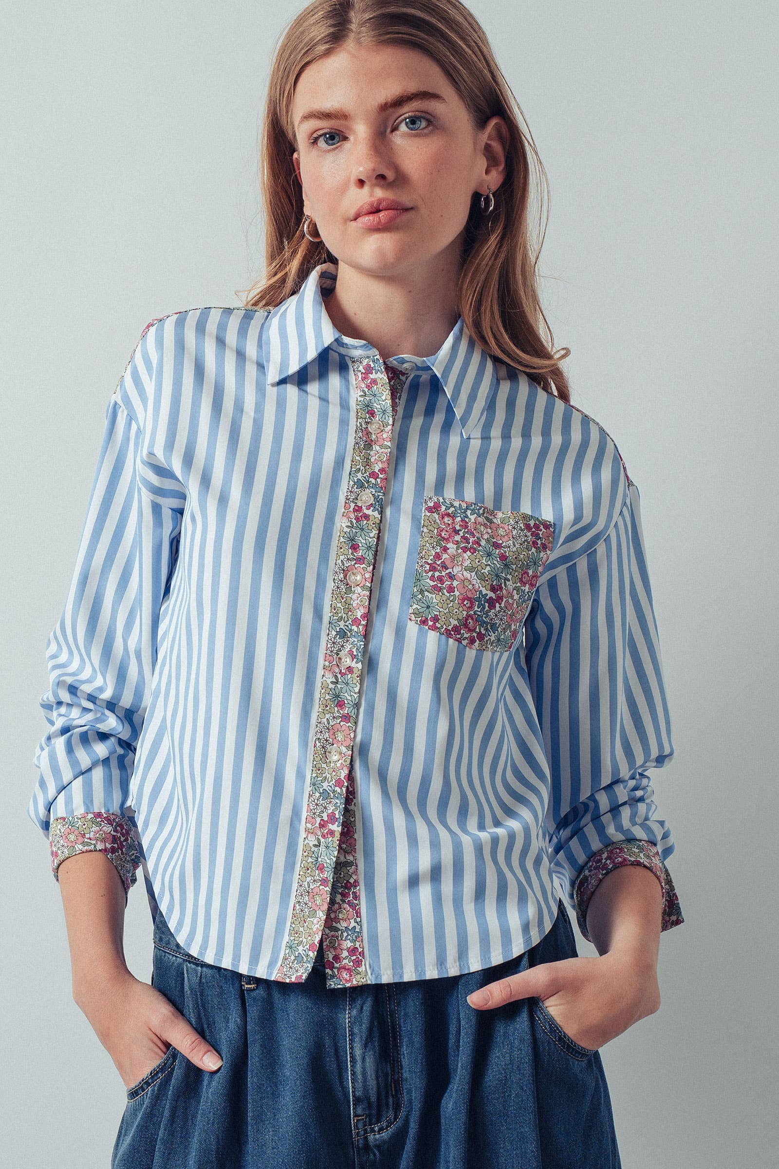Floral Contrast Mixed Print Striped Shirt