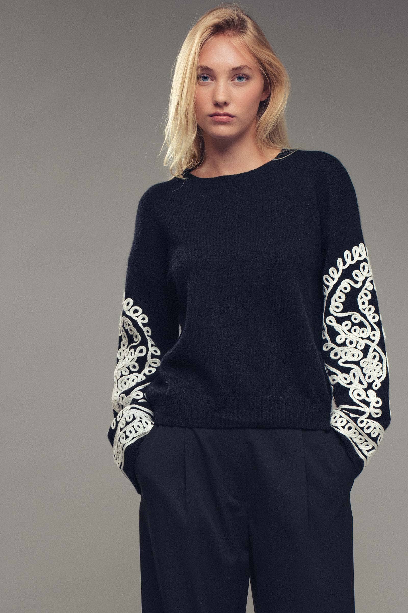Urban Daizy Embroidered Sleeve Ivory Knit Sweater Ivory-Black Knit Sweater - Women's (UDZ-KN-00654) – alternate view 21