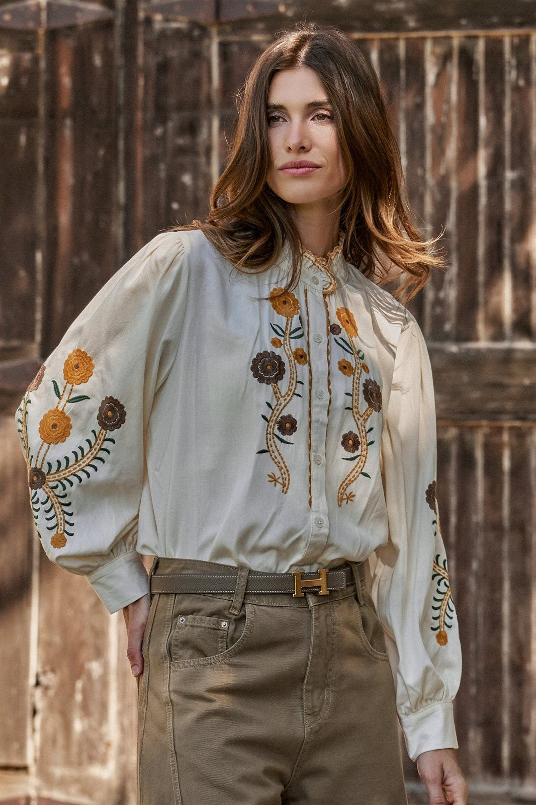 Embroidered Ruffle Neck Blouse in Western Folk Style in IVORY - Women's Shirts & Blouses | Urban Daizy
