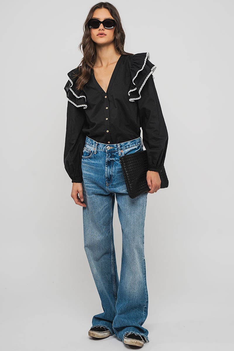 Urban Daizy Ruffled Shoulder V Neck Button Down Blouse White Black Blouse - Women's (UDZ-TP-00746) – alternate view 18