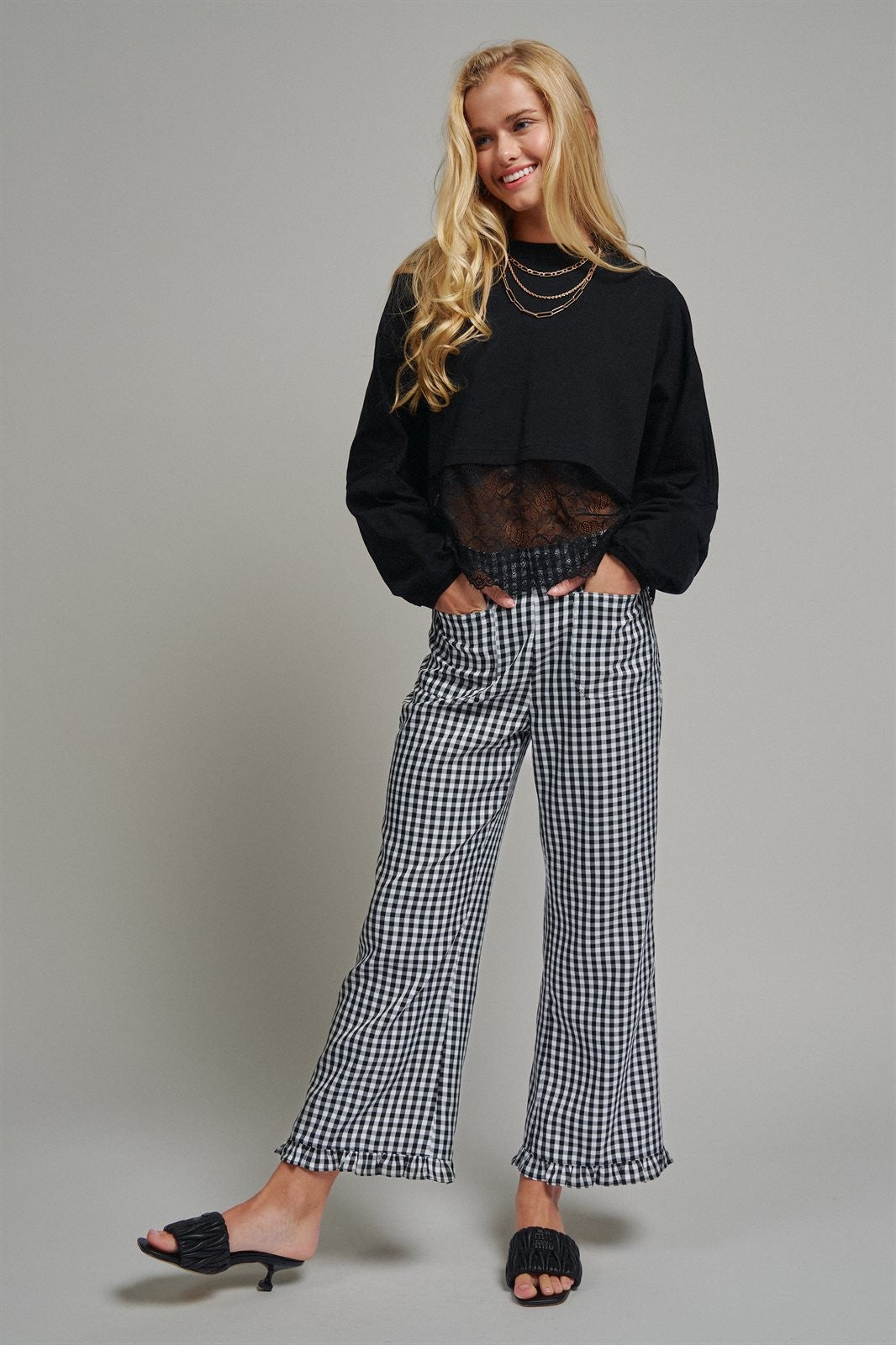Gingham Ruffle Hem Cropped Wide Leg Pants in Brown in BLACK - Women's Casual Pants | Urban Daizy