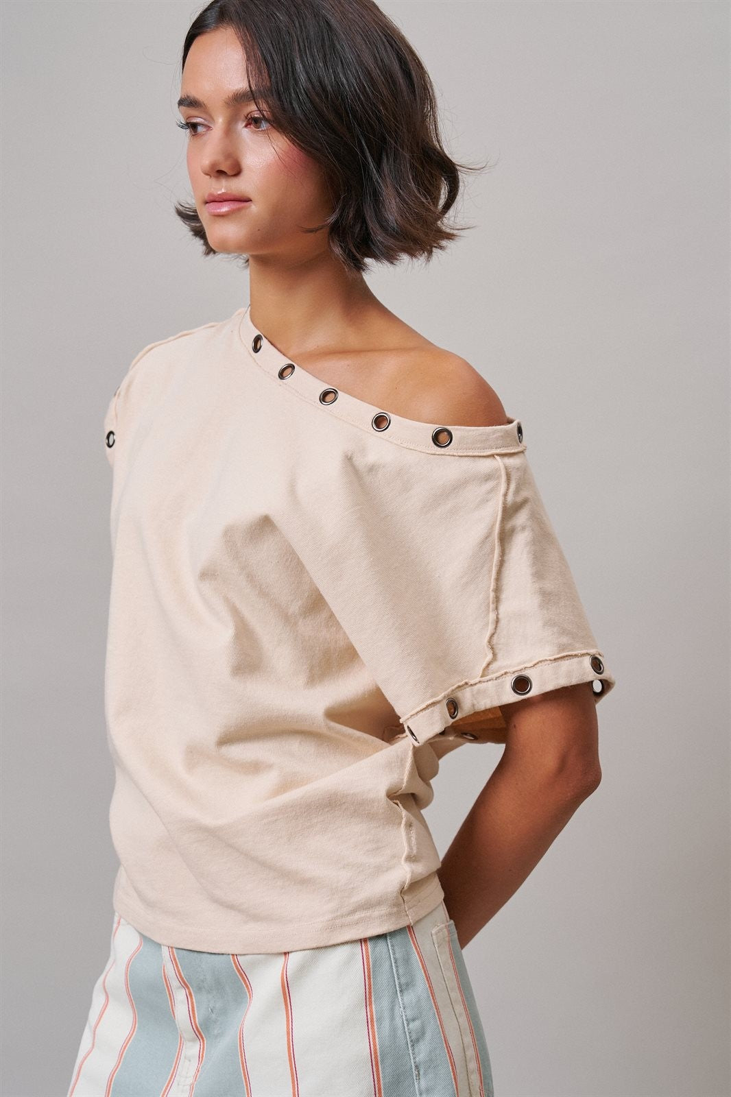 Grommet Trim Washed Cotton Boat Neck Top in CHALK - Women's T-Shirts & Polos | Urban Daizy