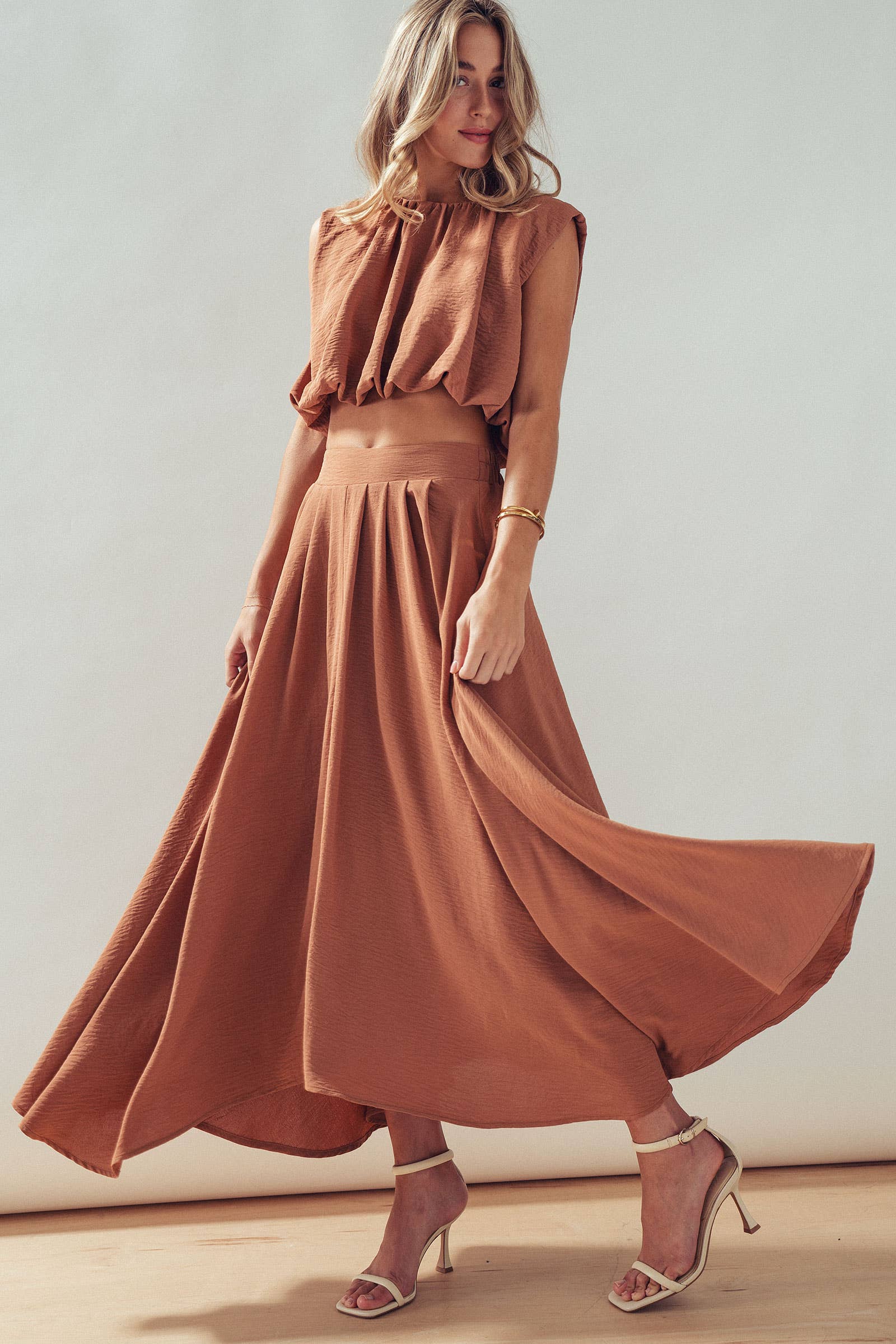 High-Waist Pleated High-Low Maxi Skirt